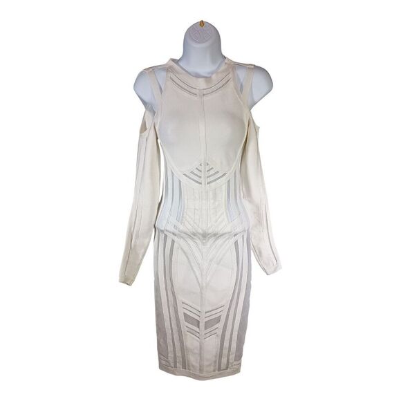HOUSE OF CB London Bodycon Dress Mesh Cold Shoulder Knee-Length Ivory XS - Picture 2 of 5